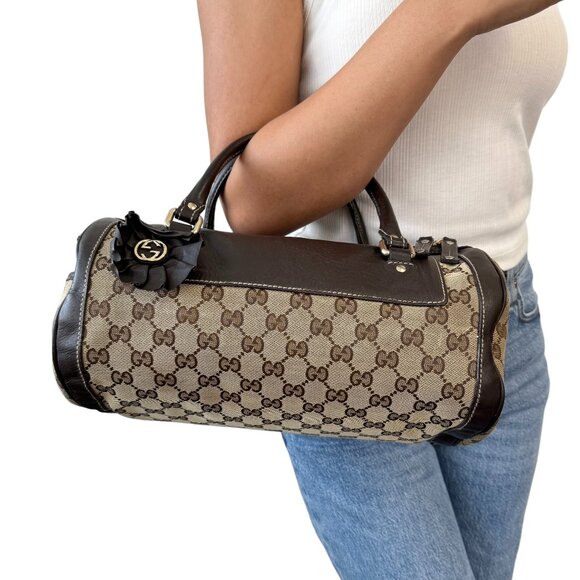 Gucci Handbags - GUCCI Vintage GG Logo Bowler Bag Monogram Brown Gold Canvas Leather [103656]